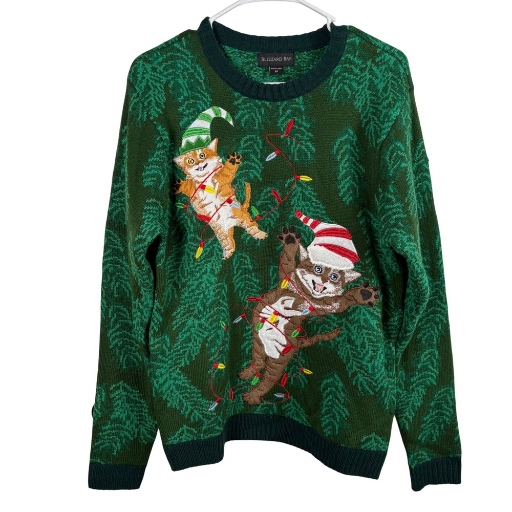 Blizzard Bay Sweater Men's M Green Cat Christmas Holiday Ugly Novelty Kitschy
